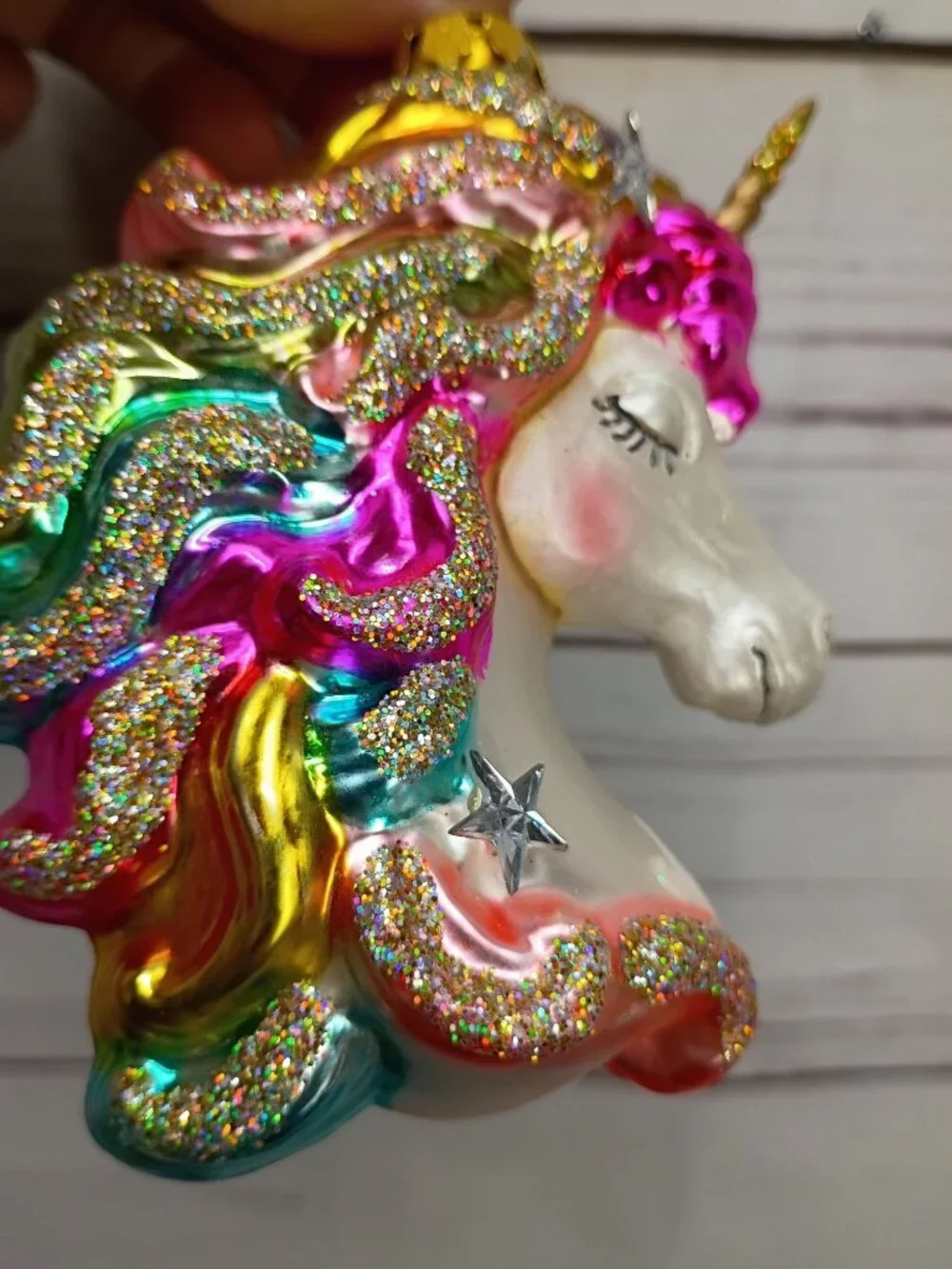 Rainbow Glass Unicorn Christmas Ornament With Glitter Accents Mythical Fantasy H